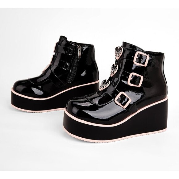 🆕 Goth Platform Chunky Ankle Boots Black Pink PU Wedge Zip Buckle Rave Booties - Picture 1 of 8